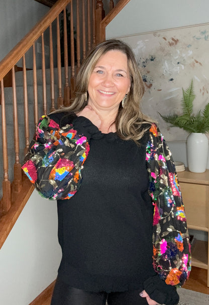 She is the Party Floral Sequins Mesh Sleeve Top