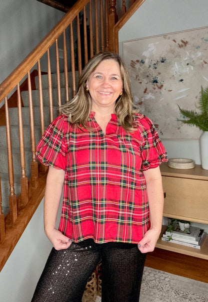 Christmas Plaid Short Sleeve Ruffled Blouse