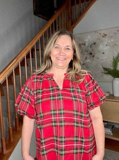 Christmas Plaid Short Sleeve Ruffled Blouse