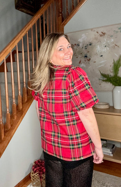 Christmas Plaid Short Sleeve Ruffled Blouse