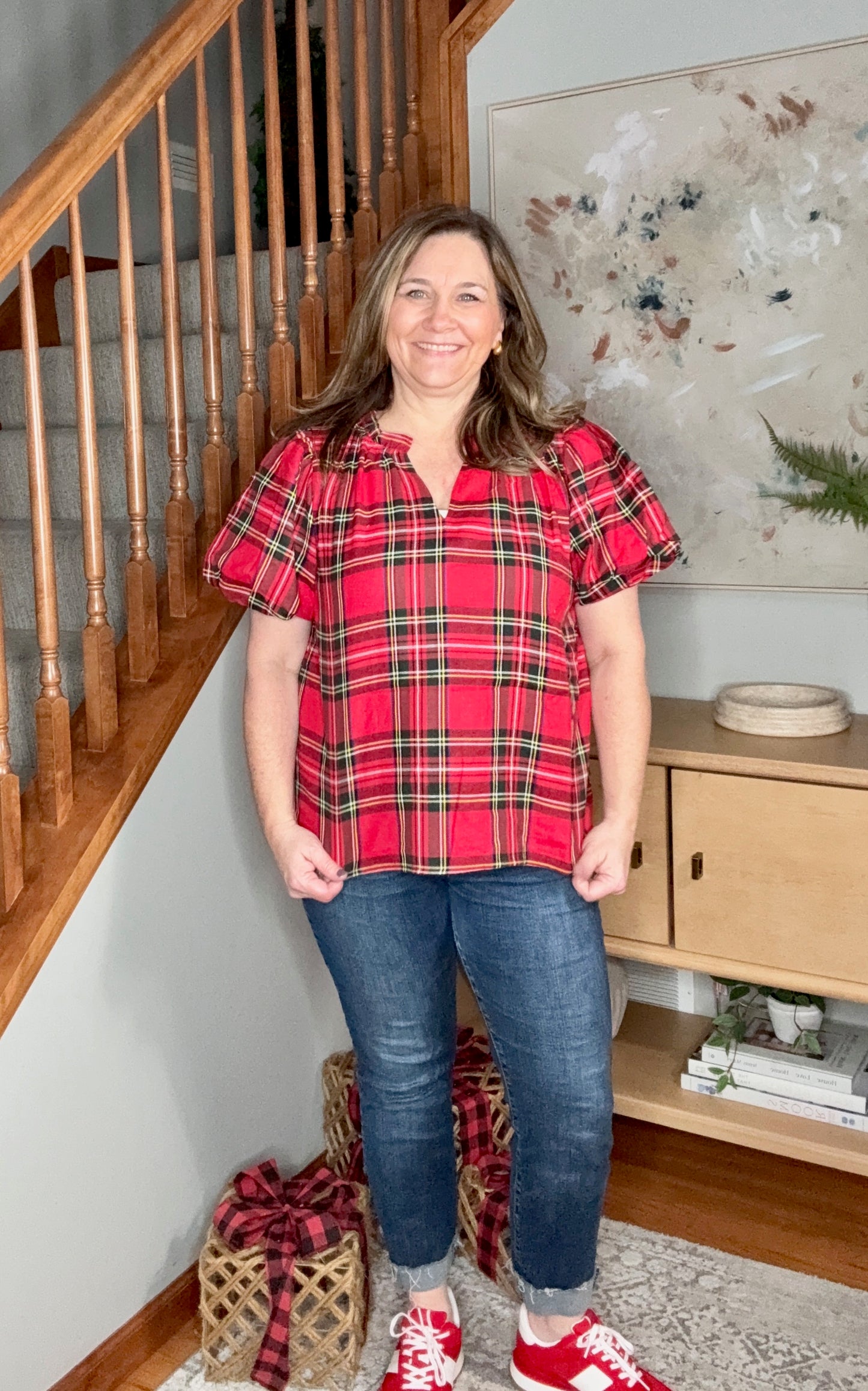 Christmas Plaid Short Sleeve Ruffled Blouse