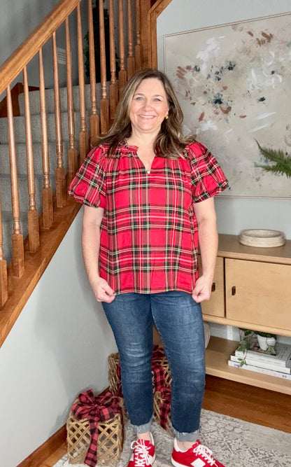 Christmas Plaid Short Sleeve Ruffled Blouse