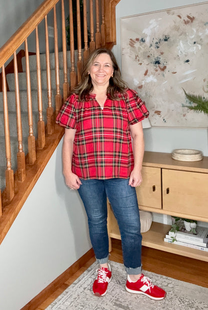 Christmas Plaid Short Sleeve Ruffled Blouse