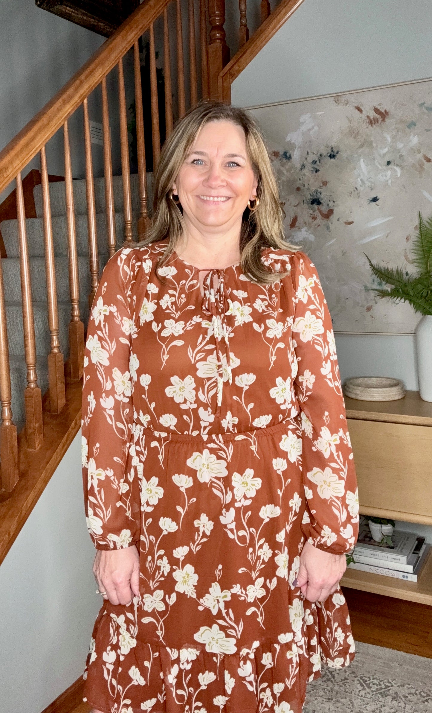 Dark Brown and Beige Front Tie Floral Tiered Dress