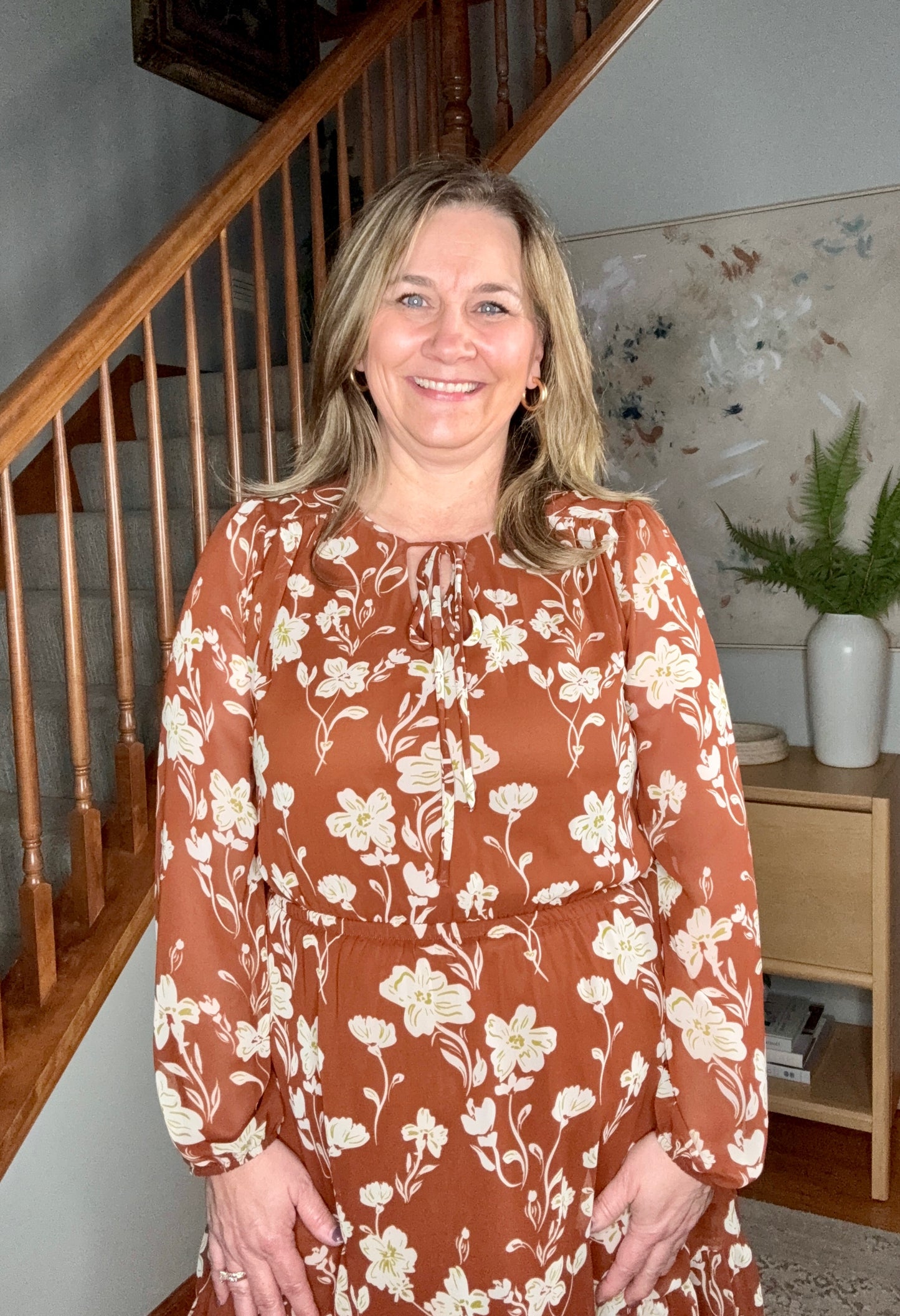 Dark Brown and Beige Front Tie Floral Tiered Dress