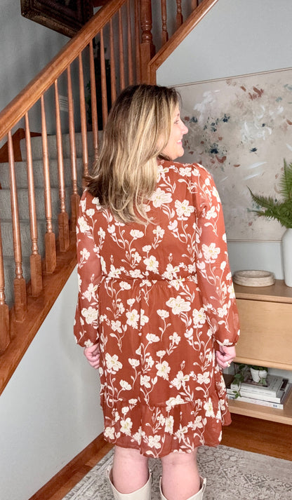 Dark Brown and Beige Front Tie Floral Tiered Dress