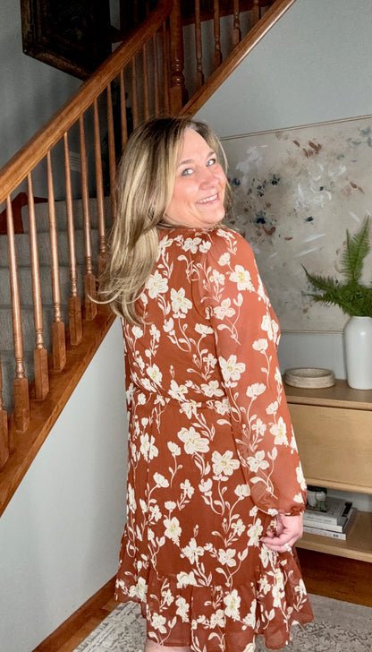 Dark Brown and Beige Front Tie Floral Tiered Dress