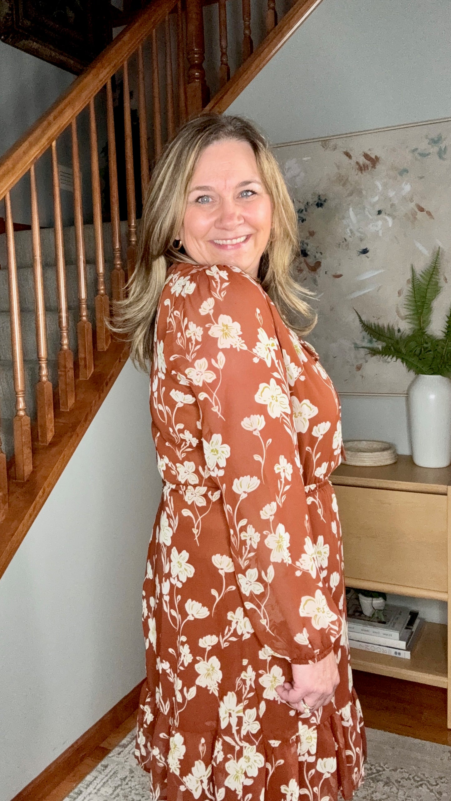 Dark Brown and Beige Front Tie Floral Tiered Dress