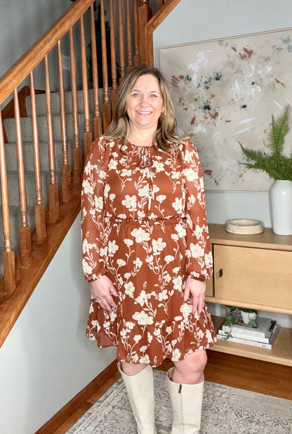 Dark Brown and Beige Front Tie Floral Tiered Dress