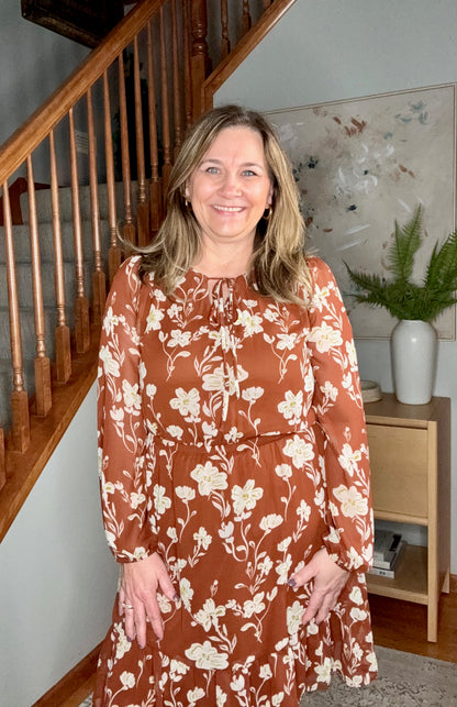 Dark Brown and Beige Front Tie Floral Tiered Dress