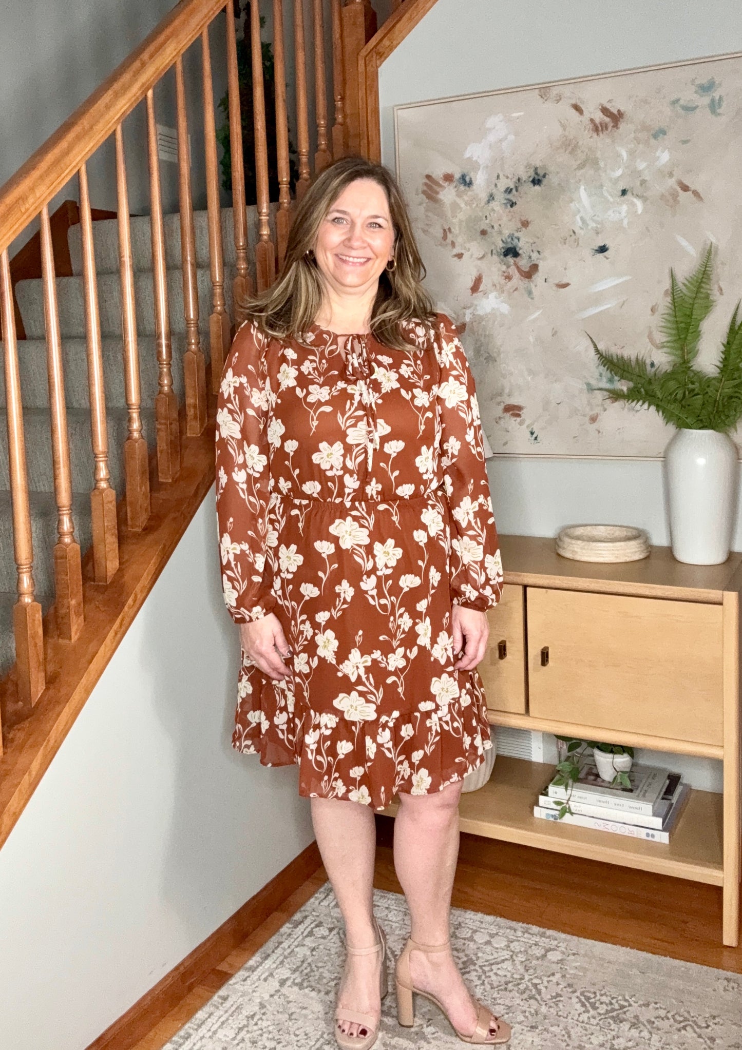 Dark Brown and Beige Front Tie Floral Tiered Dress