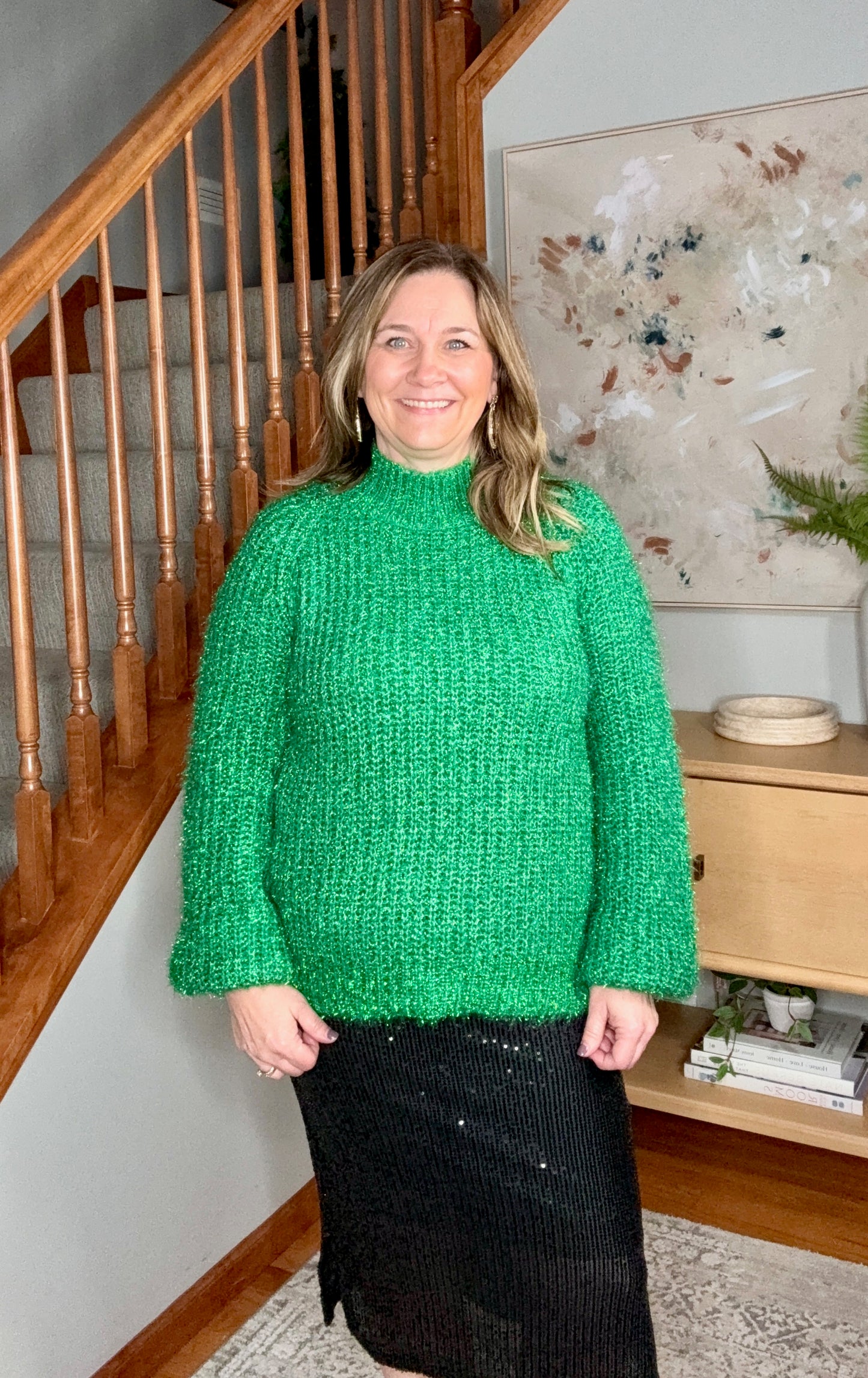 Glitter Yarn Mock Neck Long Sleeve Sweater