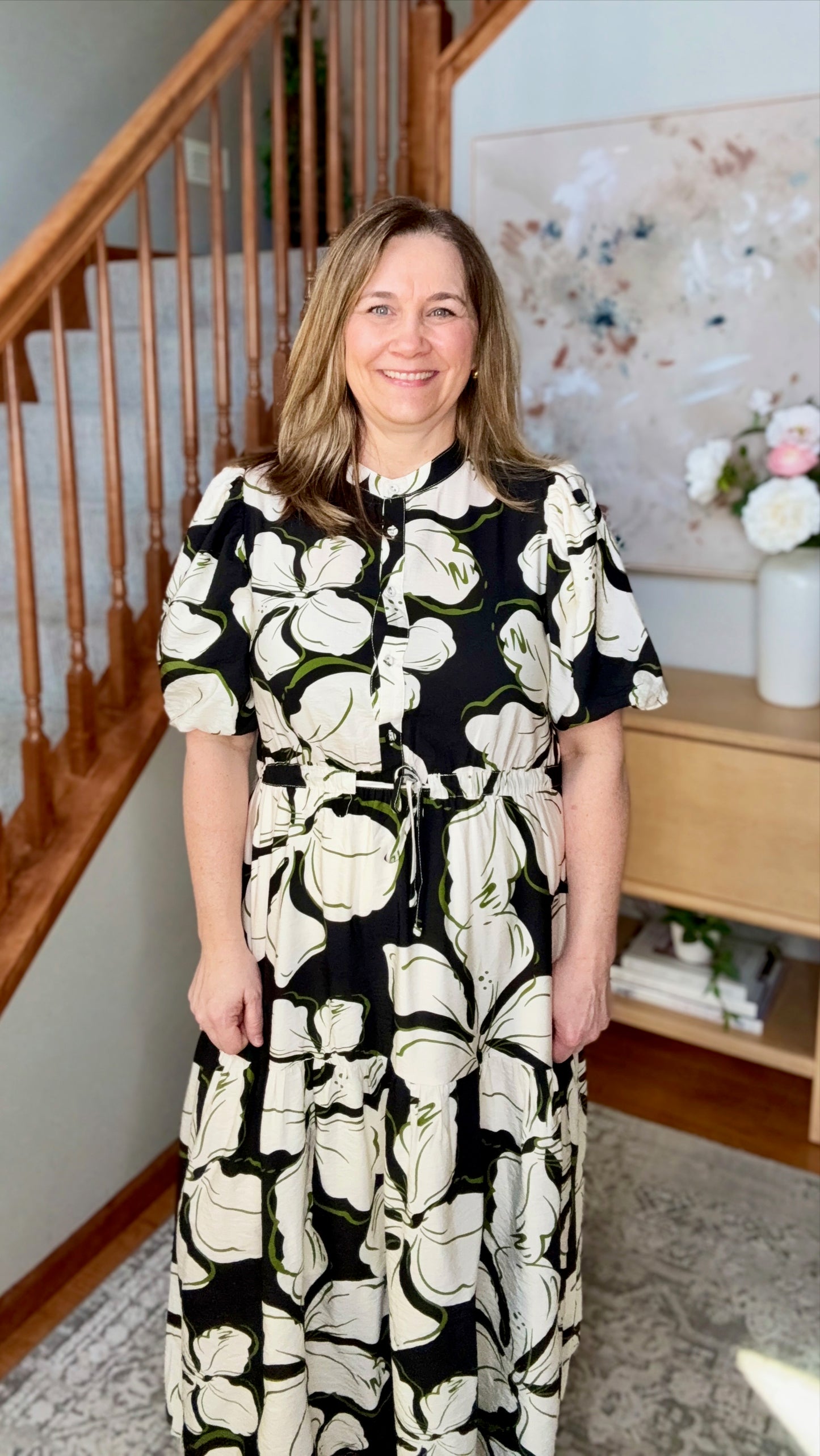Art Show Puff Sleeve Midi Dress