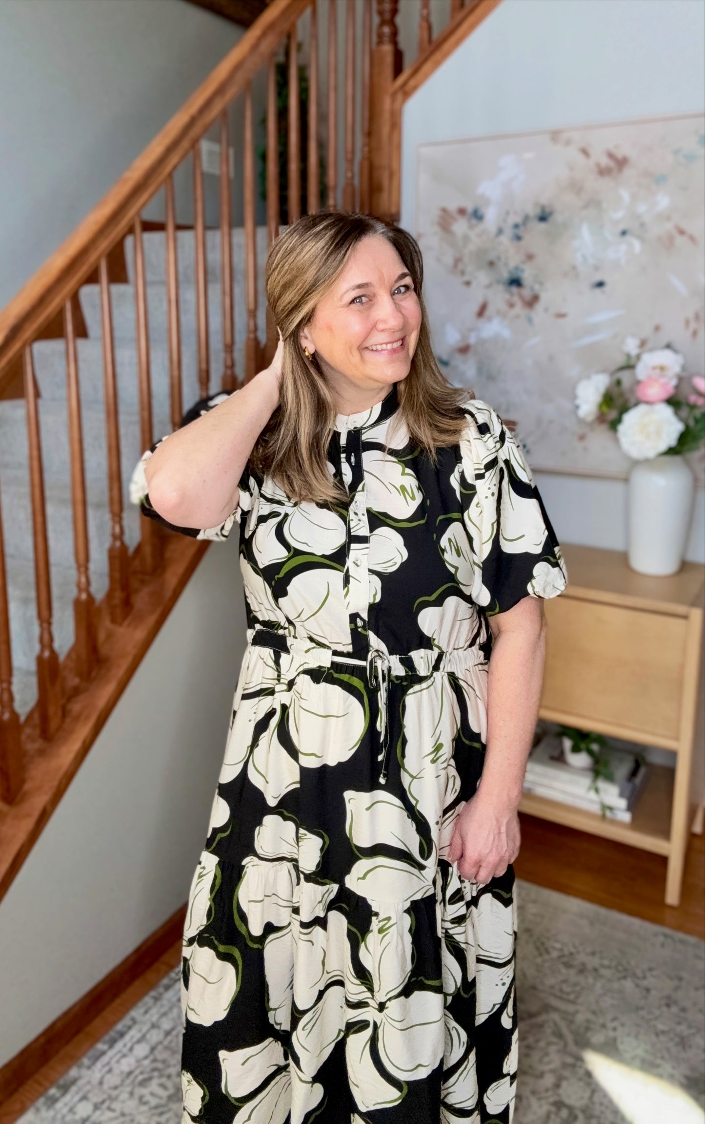 Art Show Puff Sleeve Midi Dress