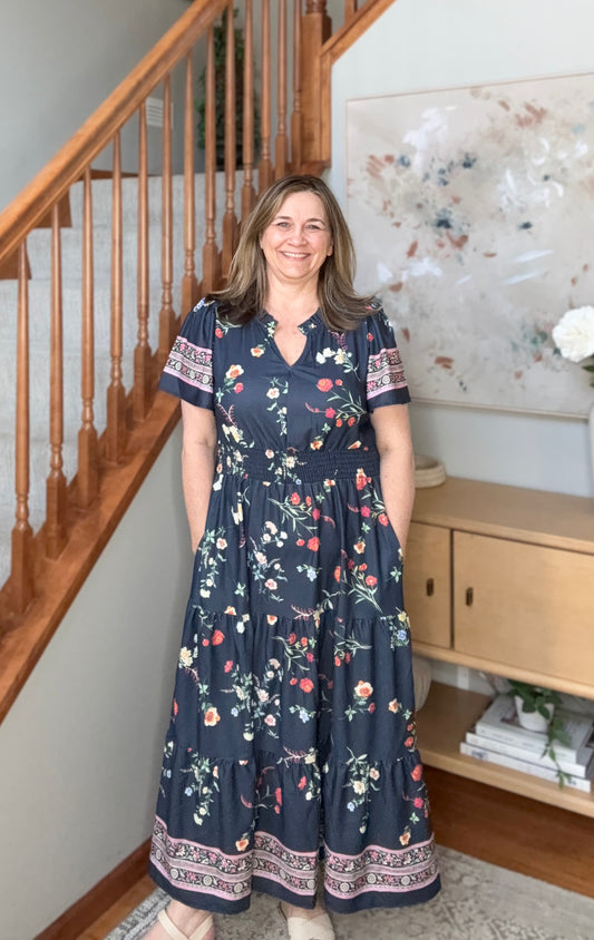 At the Summer Cottage Navy Floral Midi Dress