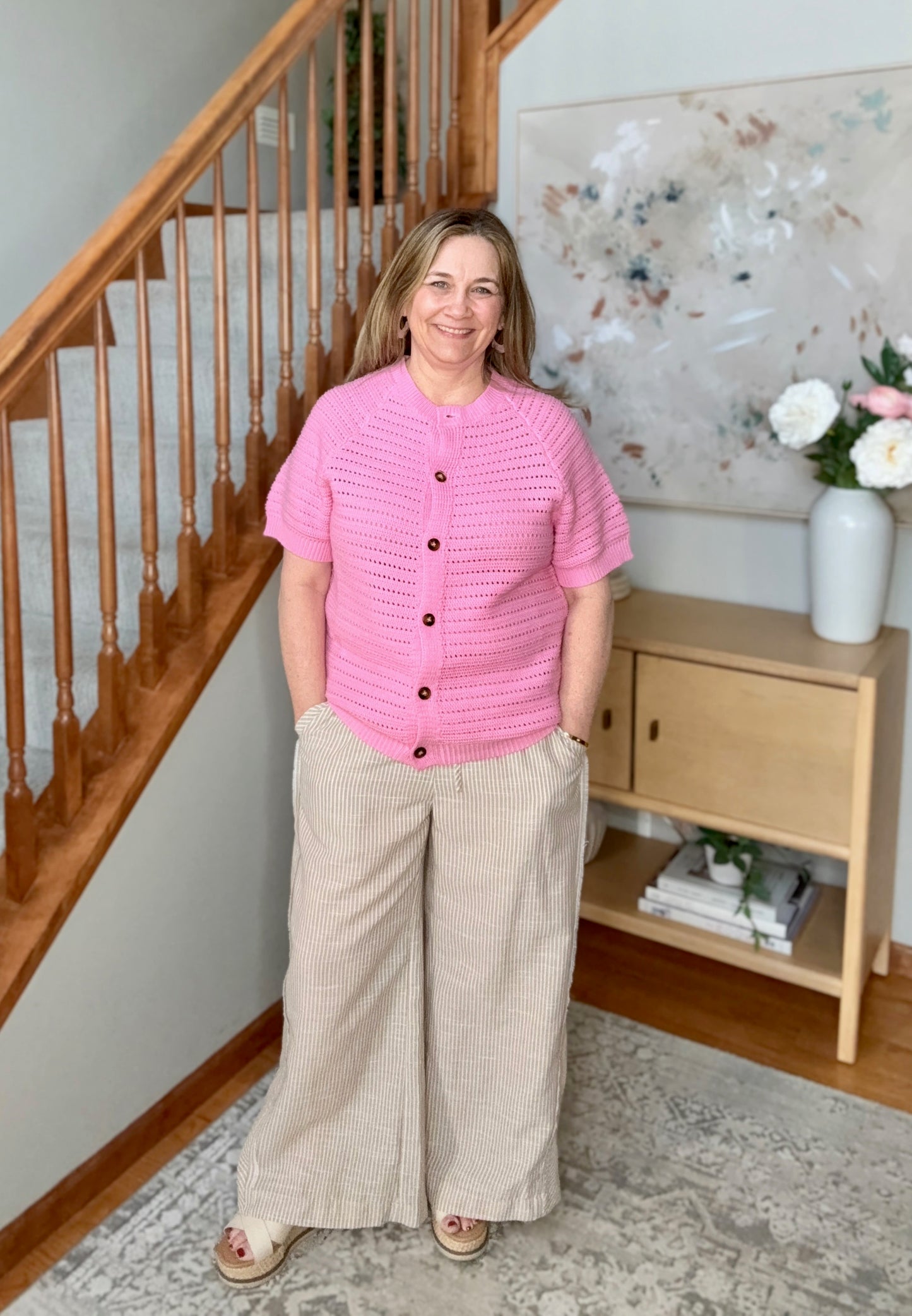 Linen Blend Striped Wide Leg Pants