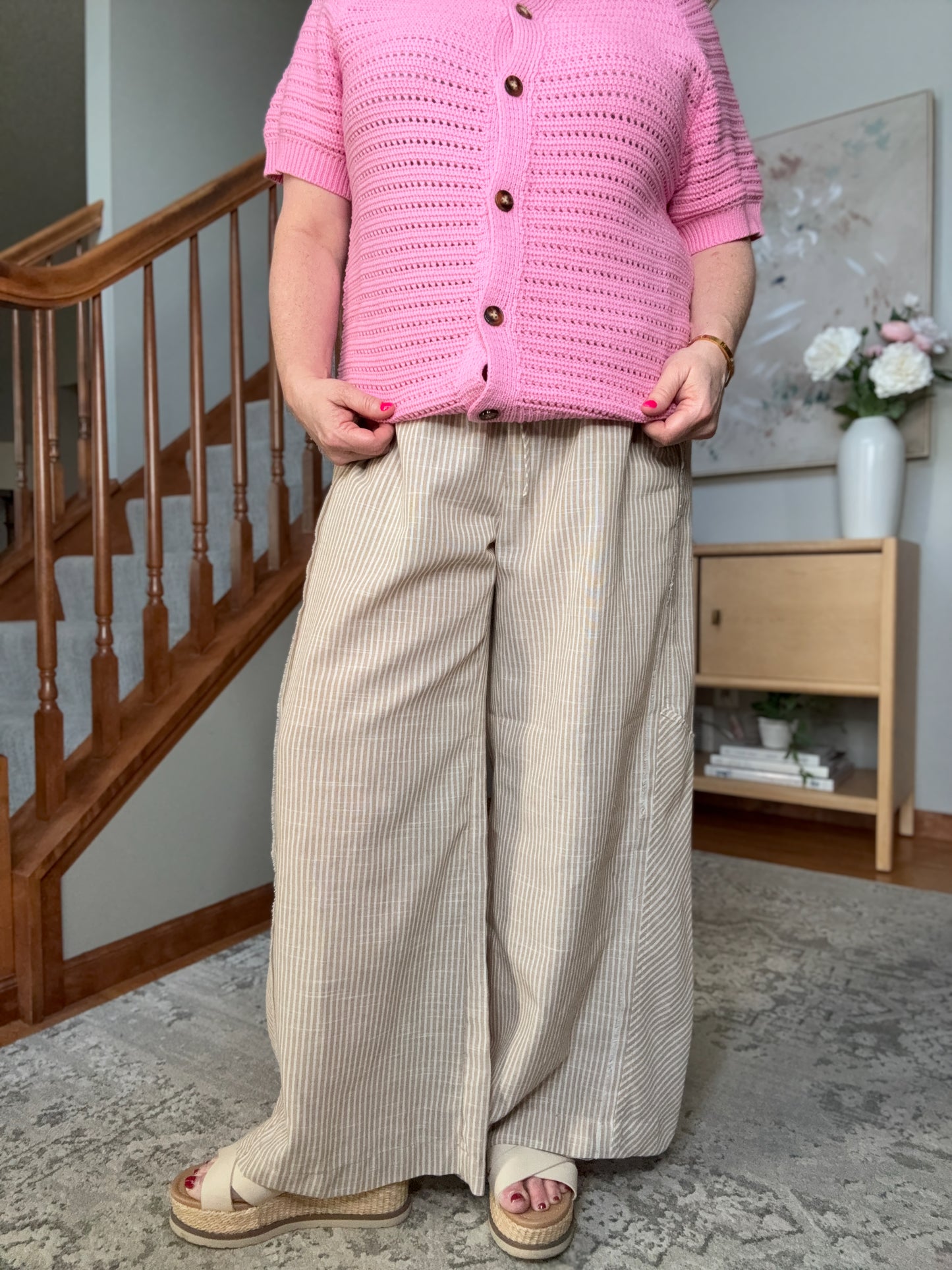 Linen Blend Striped Wide Leg Pants
