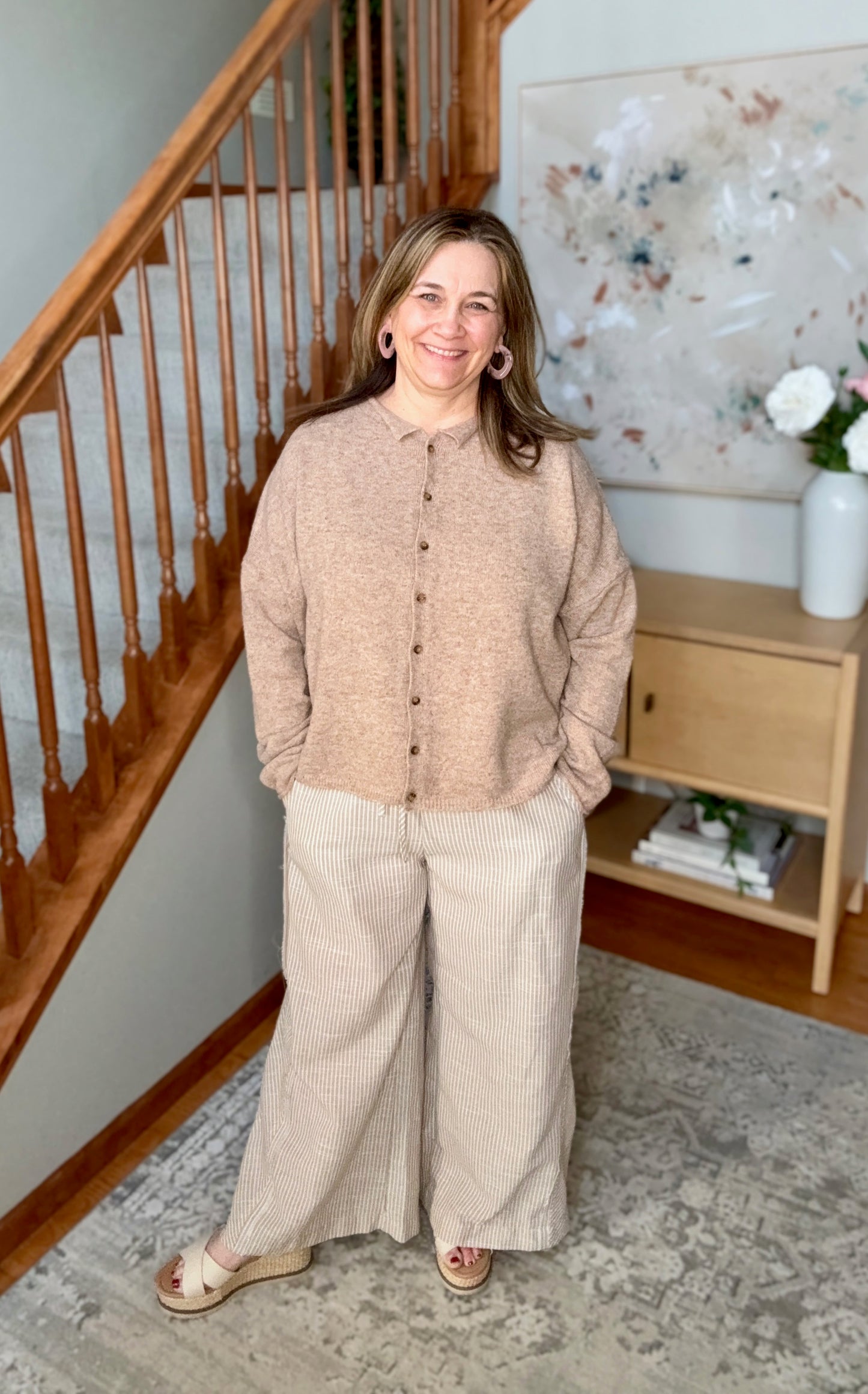 Linen Blend Striped Wide Leg Pants