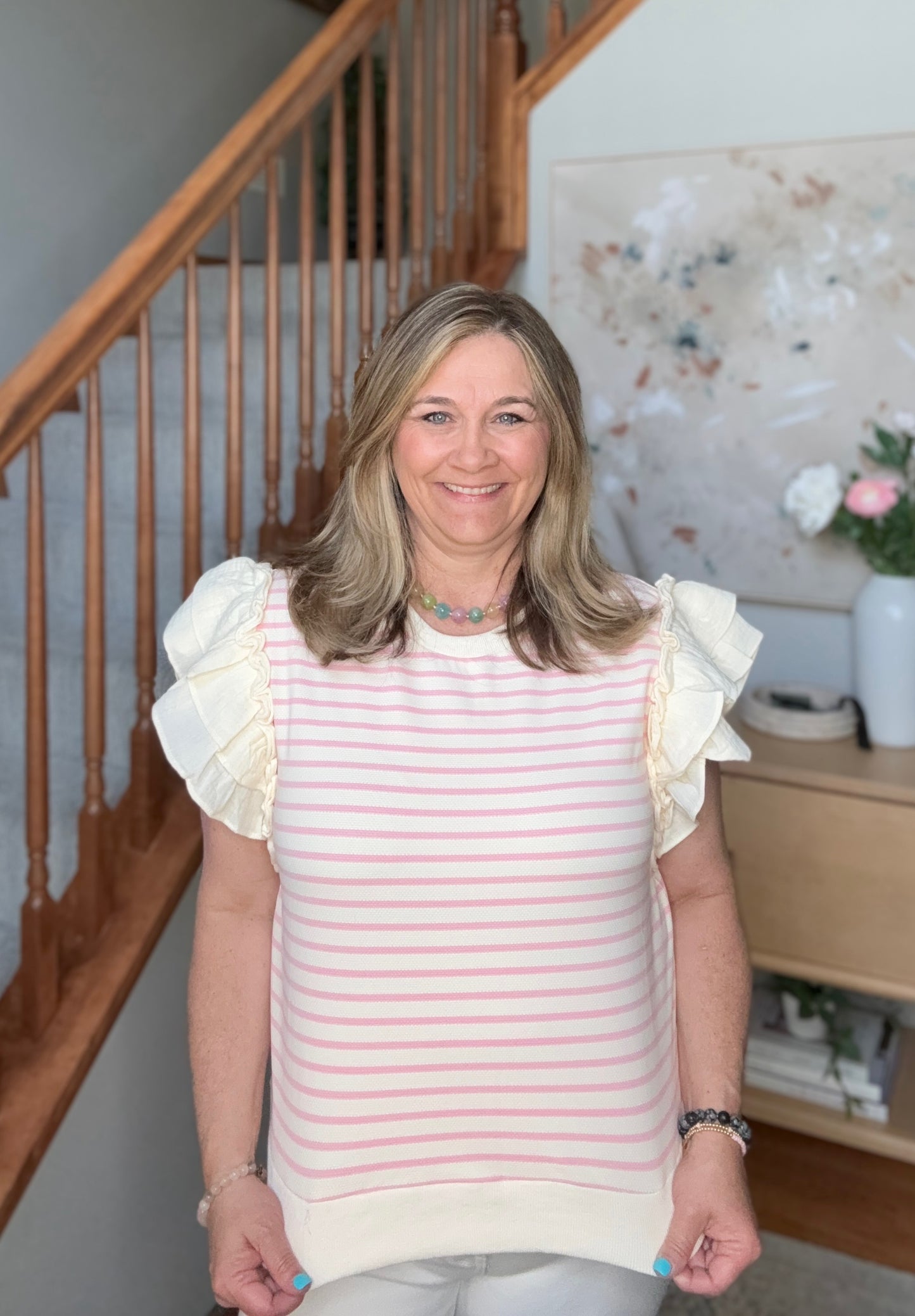 Sweet Stripe Ruffle Short Sleeve Top