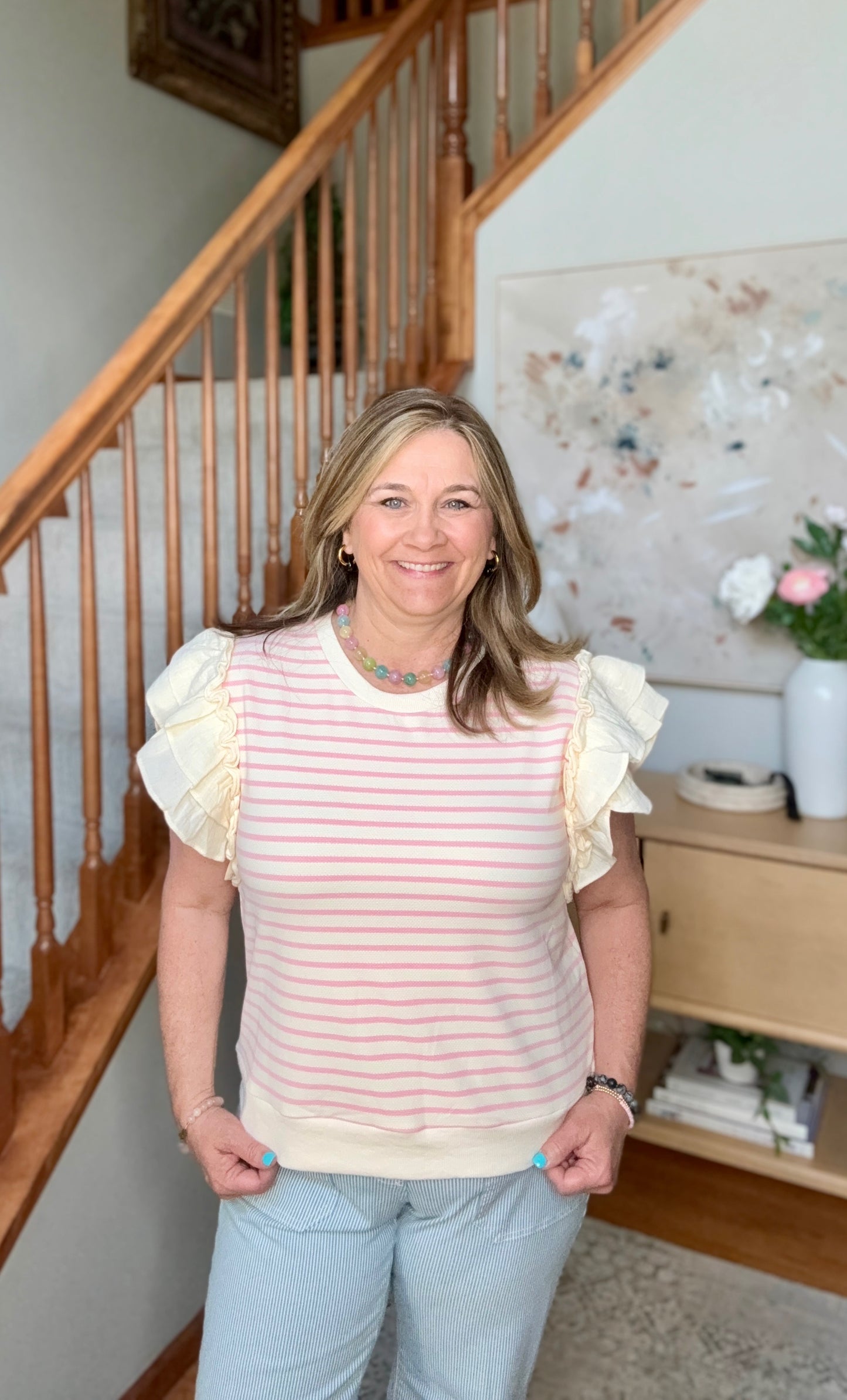 Sweet Stripe Ruffle Short Sleeve Top