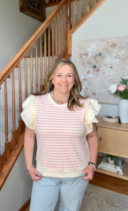 Sweet Stripe Ruffle Short Sleeve Top