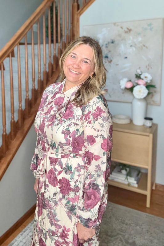 Vintage Rose Garden Floral Midi Dress