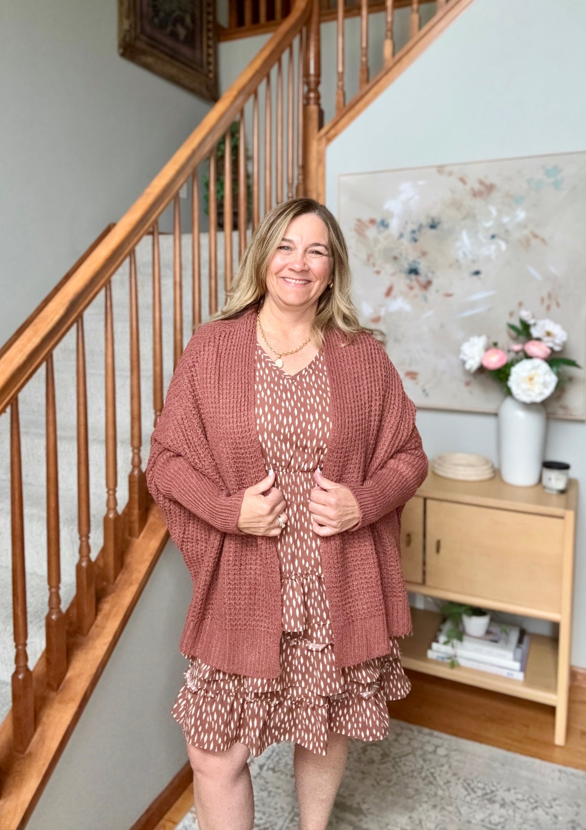 Cozy Button Front Waffle Knit Cardigan in Rust