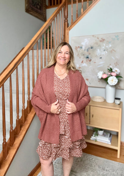 Cozy Button Front Waffle Knit Cardigan in Rust