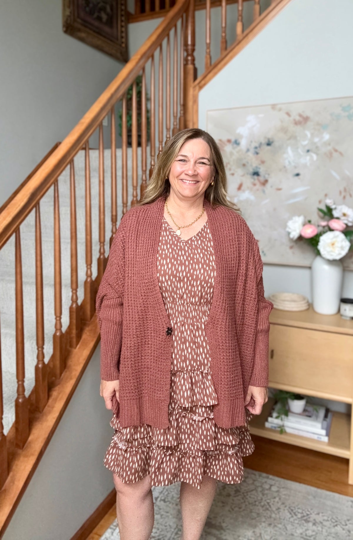 Cozy Button Front Waffle Knit Cardigan in Rust