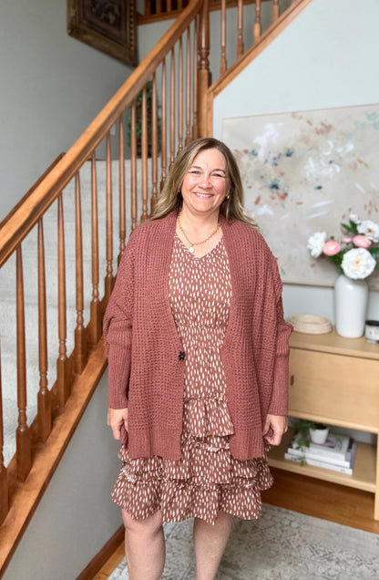 Cozy Button Front Waffle Knit Cardigan in Rust