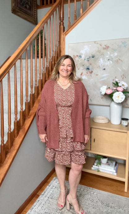 Cozy Button Front Waffle Knit Cardigan in Rust