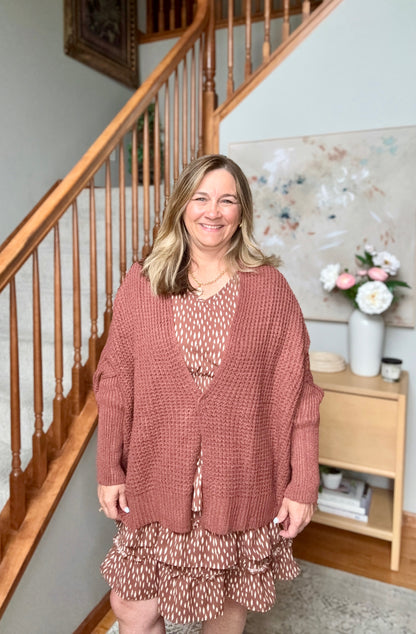Cozy Button Front Waffle Knit Cardigan in Rust
