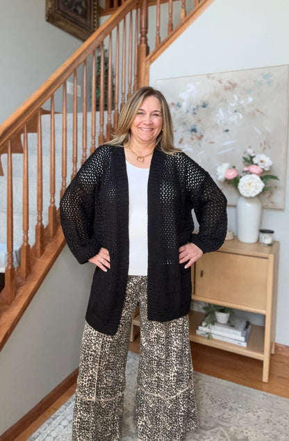Hole in One Black Openwork Knit Cardigan