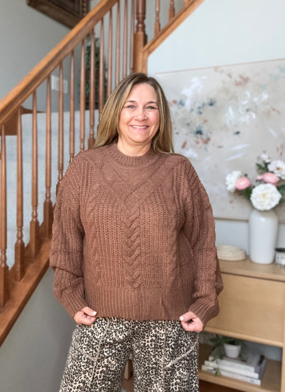 October Kiss Cable Knit Sweater in Warm Mocha