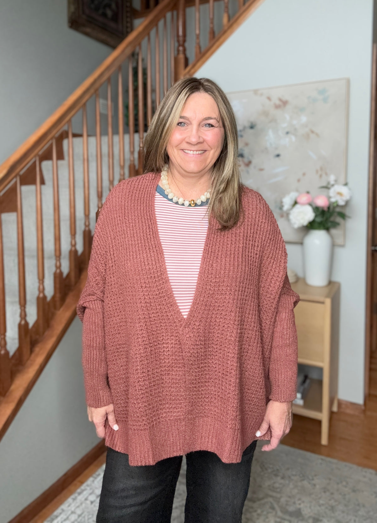 Cozy Button Front Waffle Knit Cardigan in Rust