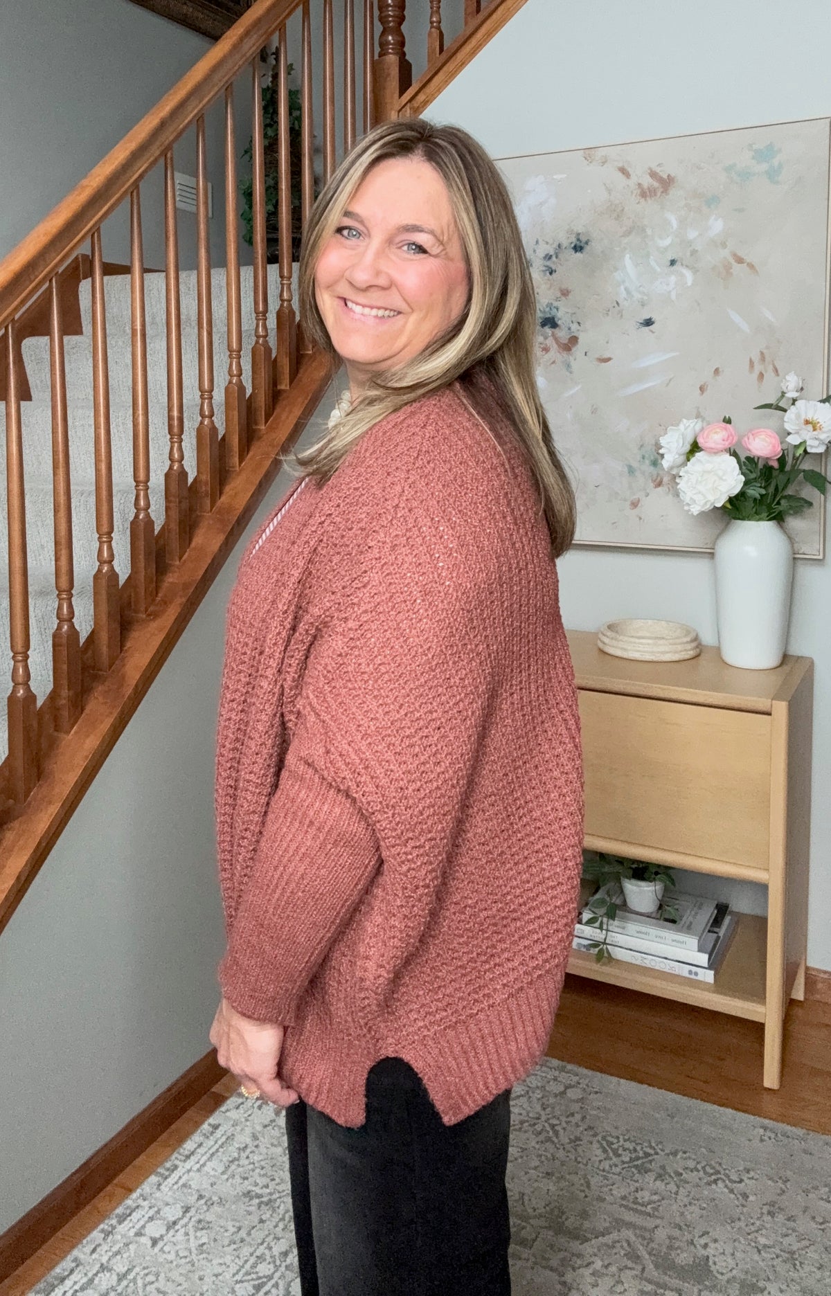 Cozy Button Front Waffle Knit Cardigan in Rust