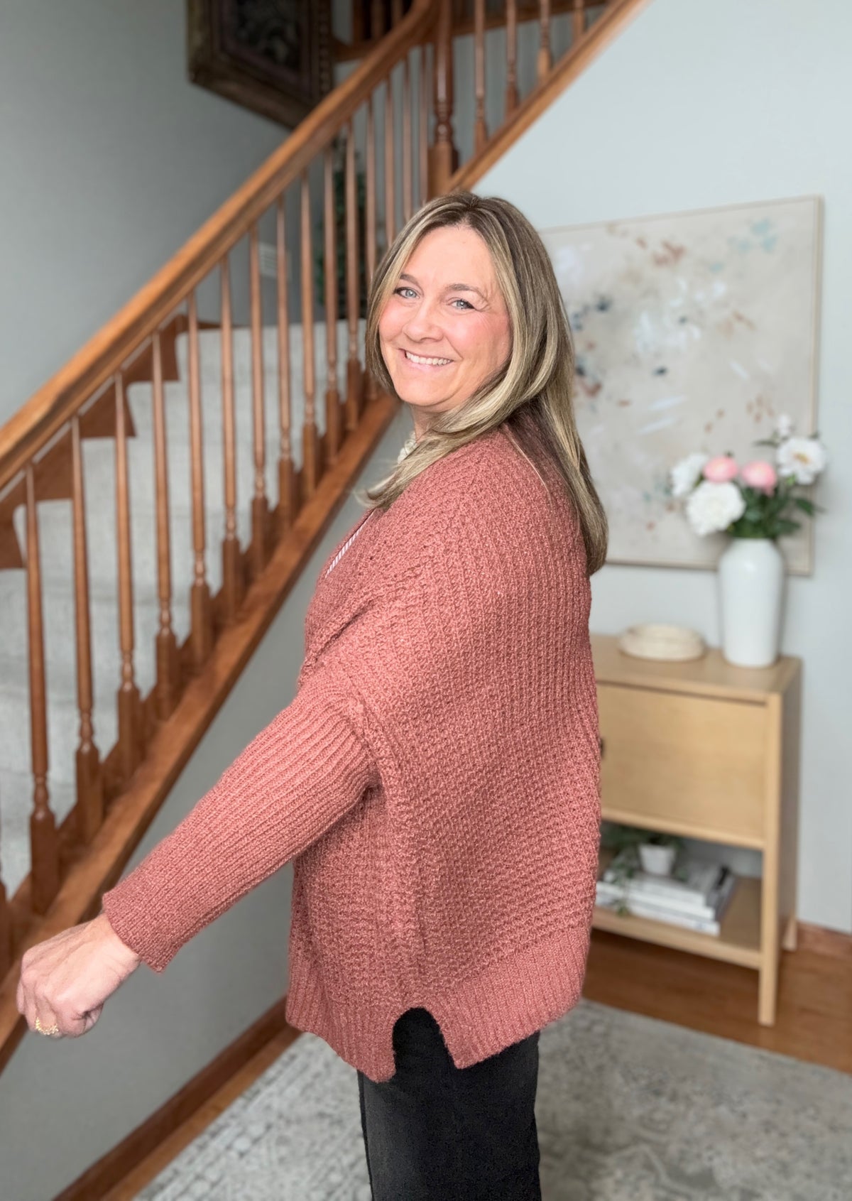 Cozy Button Front Waffle Knit Cardigan in Rust