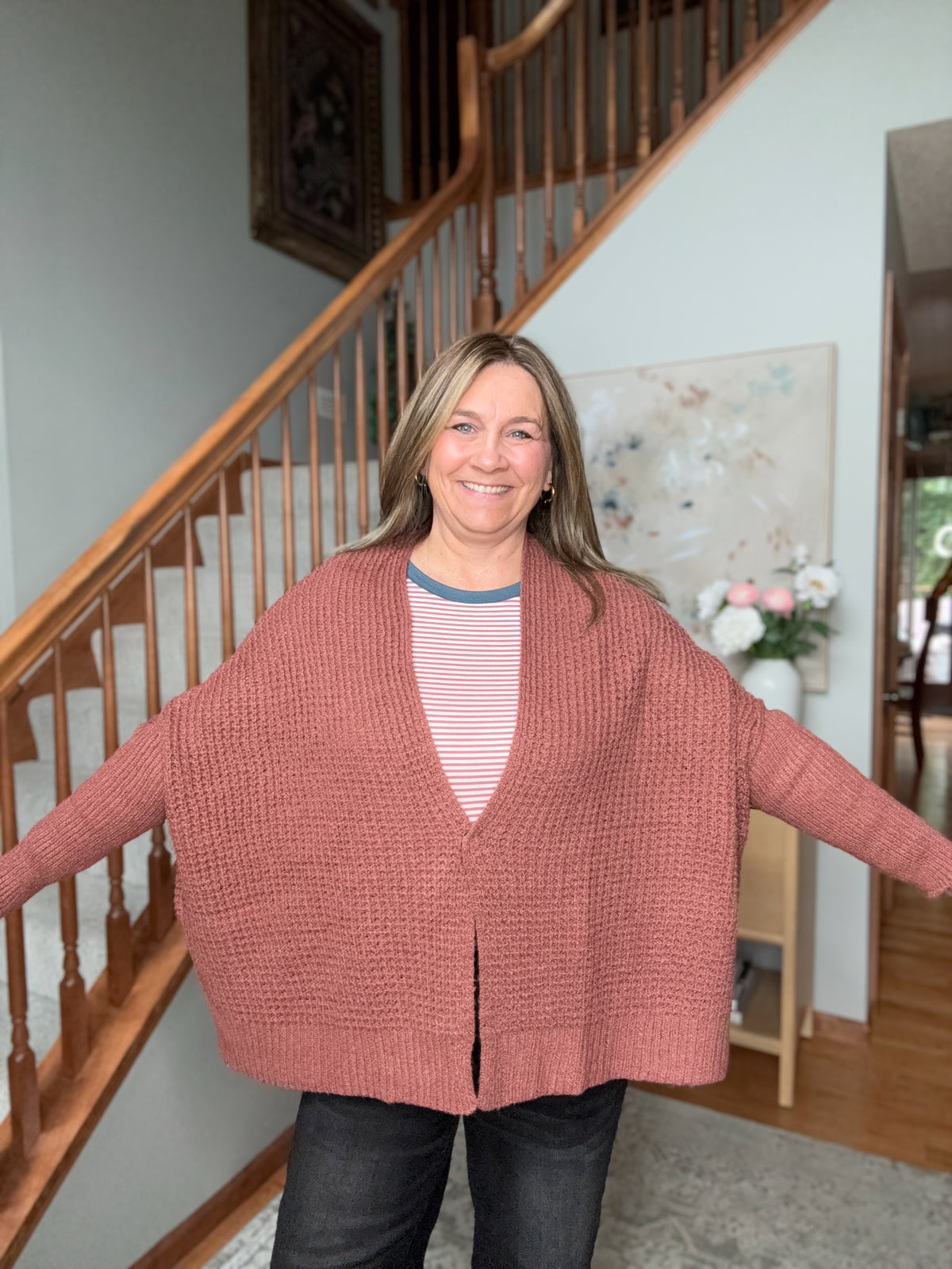 Cozy Button Front Waffle Knit Cardigan in Rust