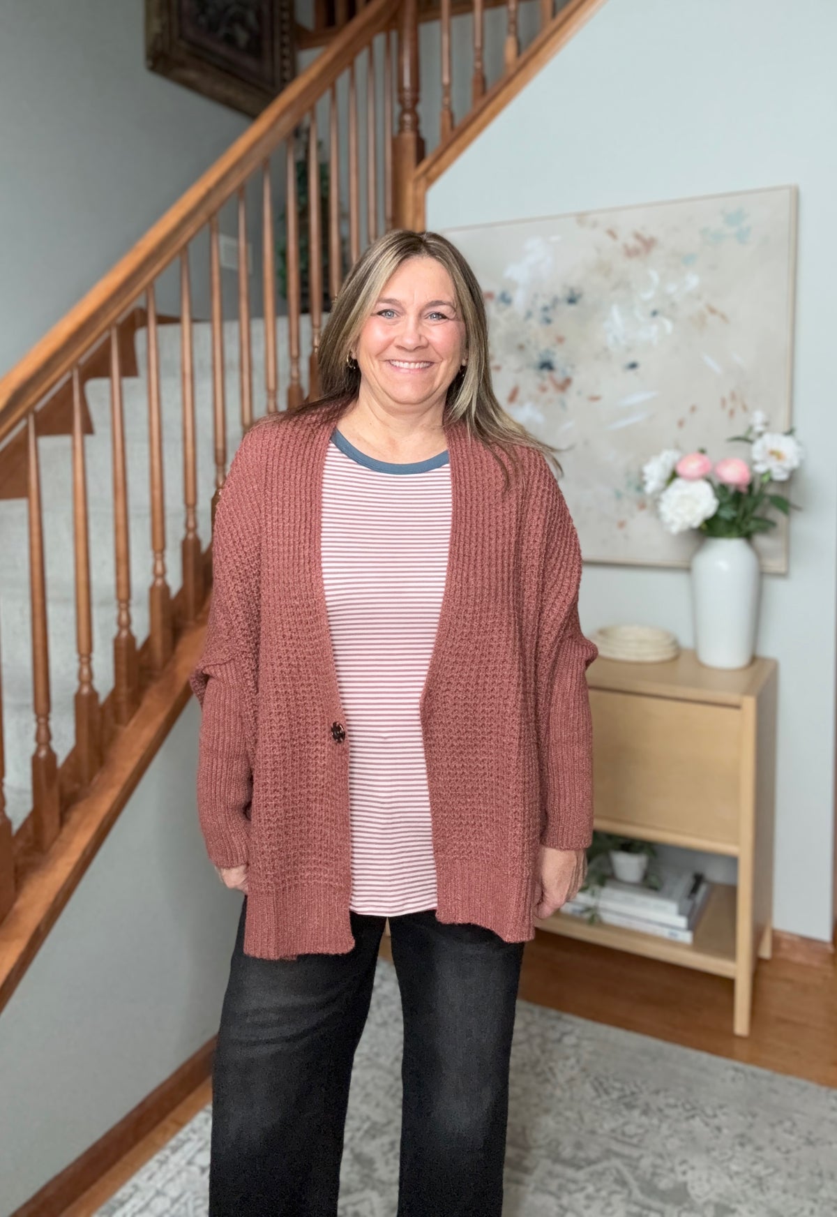 Cozy Button Front Waffle Knit Cardigan in Rust