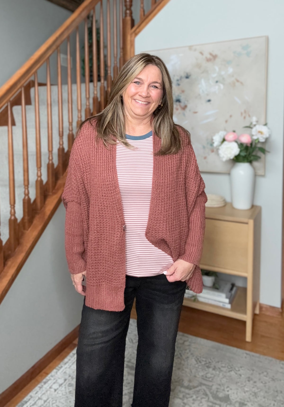 Cozy Button Front Waffle Knit Cardigan in Rust