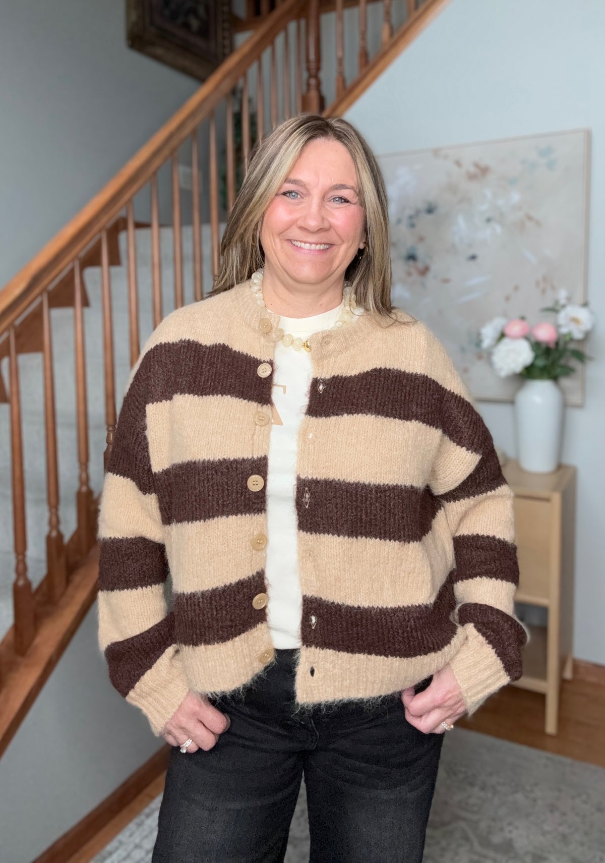 Potluck Cozy Stripe Button Front Cardigan