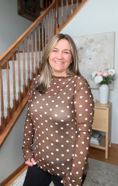 Polka Dotted Dreams Sheer Mesh Mock Neck Top
