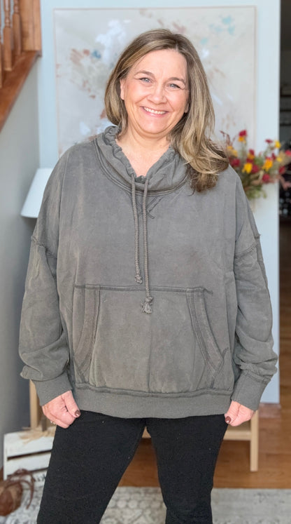 Hide and Seek Washed Cowl Neck Pullover in Charcoal