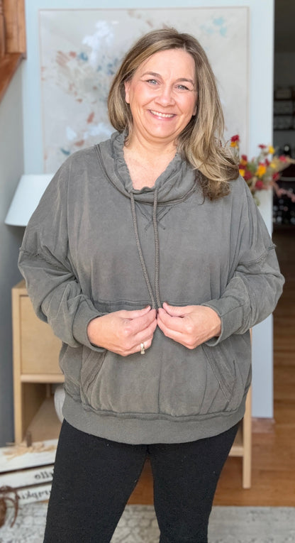 Hide and Seek Washed Cowl Neck Pullover in Charcoal