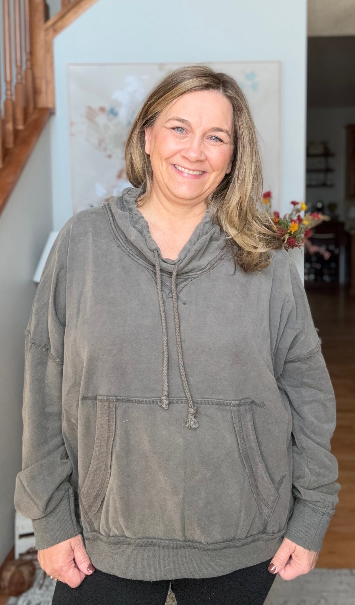 Hide and Seek Washed Cowl Neck Pullover in Charcoal