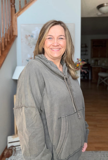 Hide and Seek Washed Cowl Neck Pullover in Charcoal