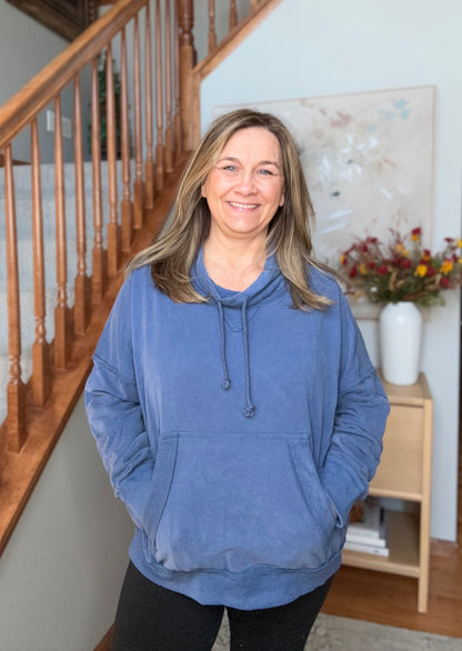 Hide and Seek Washed Cowl Neck Pullover in Blue