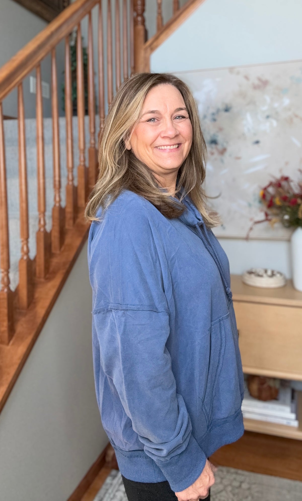 Hide and Seek Washed Cowl Neck Pullover in Blue