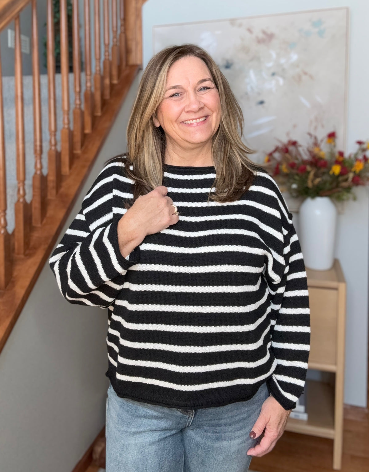 Everyday Me Stripe Knit Pullover in Black