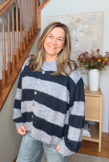 Cuddle Up Button Up Striped Fuzzy Cardigan